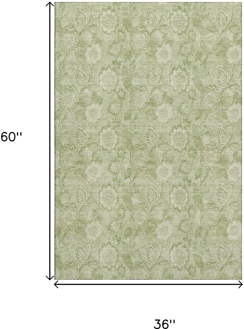 Sage And Beige Floral Washable Area Rug With UV Protection Photo 9