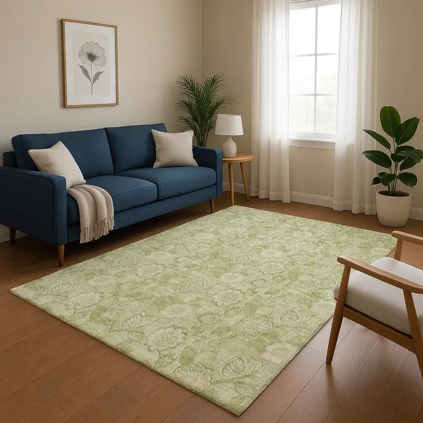Sage And Beige Floral Washable Area Rug With UV Protection Photo 5