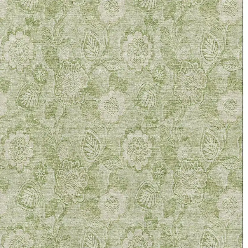 Sage And Beige Floral Washable Area Rug With UV Protection Photo 3