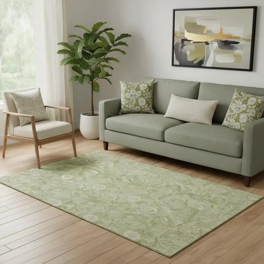 Sage And Beige Floral Washable Area Rug With UV Protection Photo 2