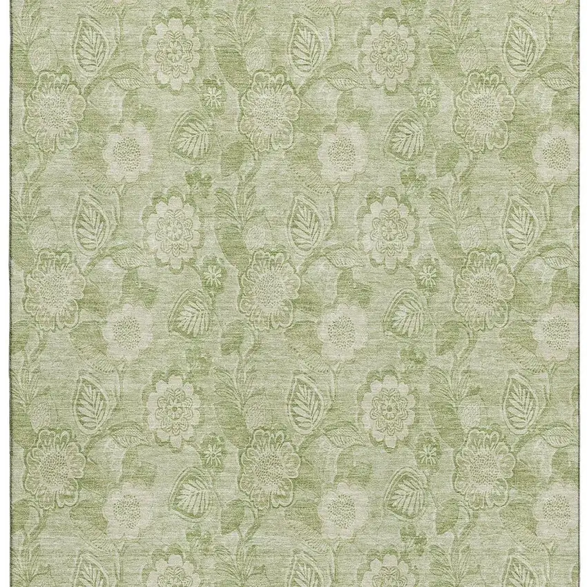 Sage And Beige Floral Washable Area Rug With UV Protection Photo 4
