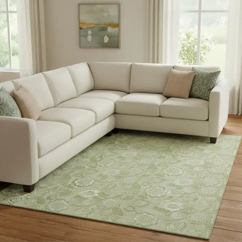 Sage And Beige Floral Washable Area Rug With UV Protection Photo 2