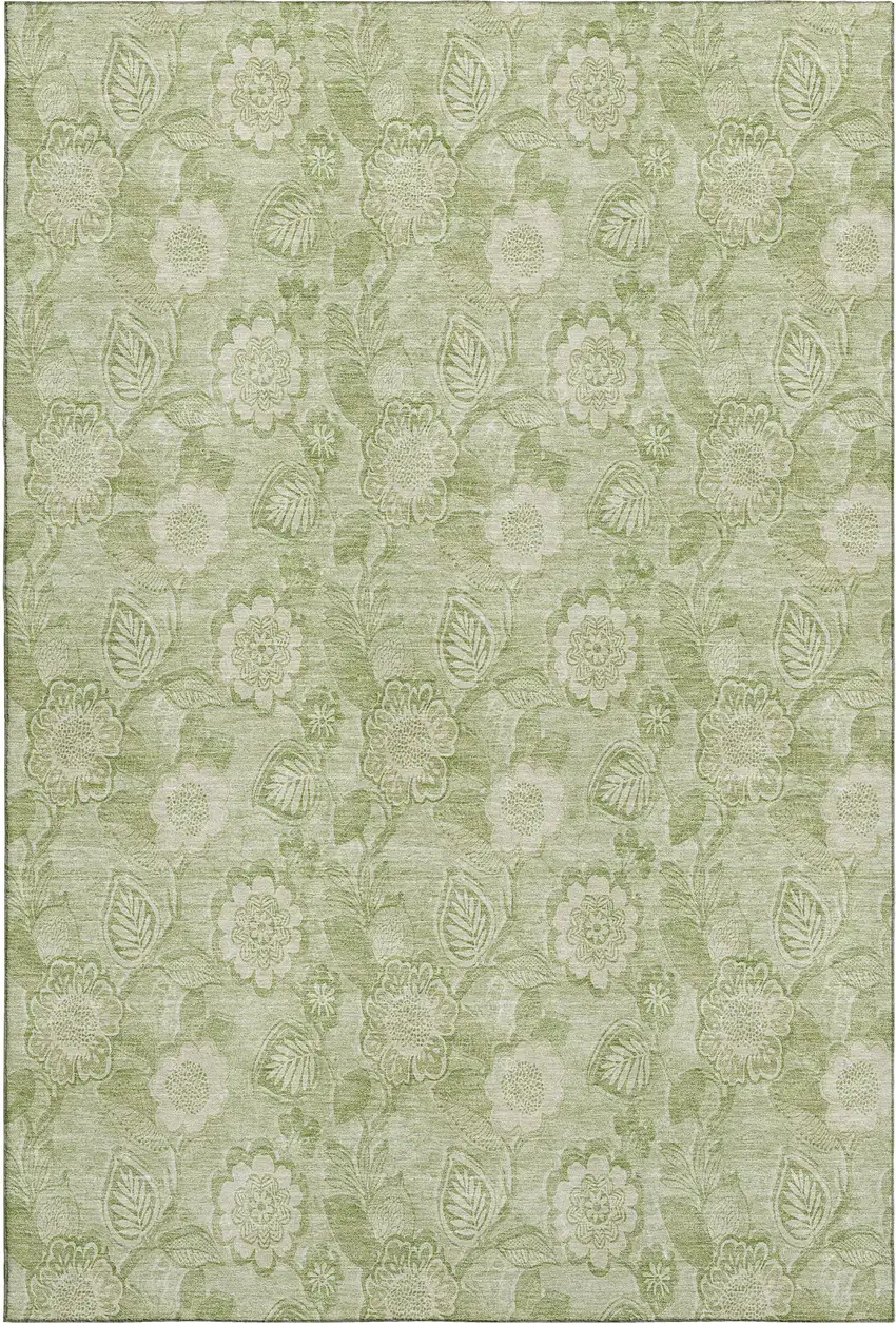 Sage And Beige Floral Washable Area Rug With UV Protection Photo 1