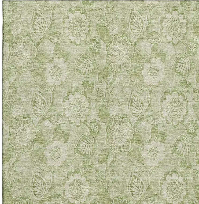 Sage And Beige Floral Washable Area Rug With UV Protection Photo 3