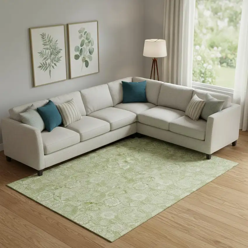 Sage And Beige Floral Washable Area Rug With UV Protection Photo 2