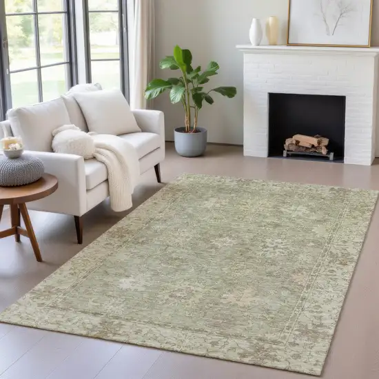 Sage And Beige Floral Washable Indoor Outdoor Area Rug Photo 7