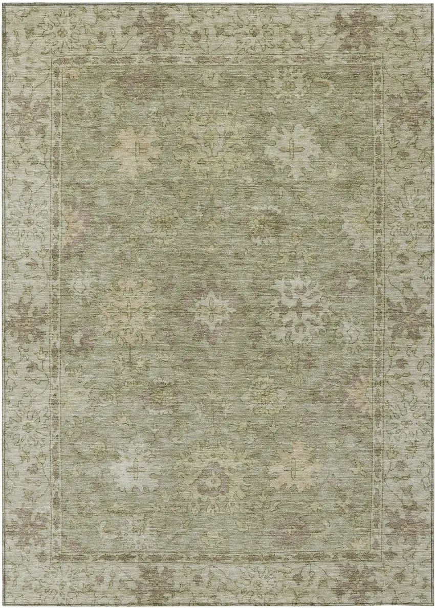 Sage And Beige Floral Washable Indoor Outdoor Area Rug Photo 1