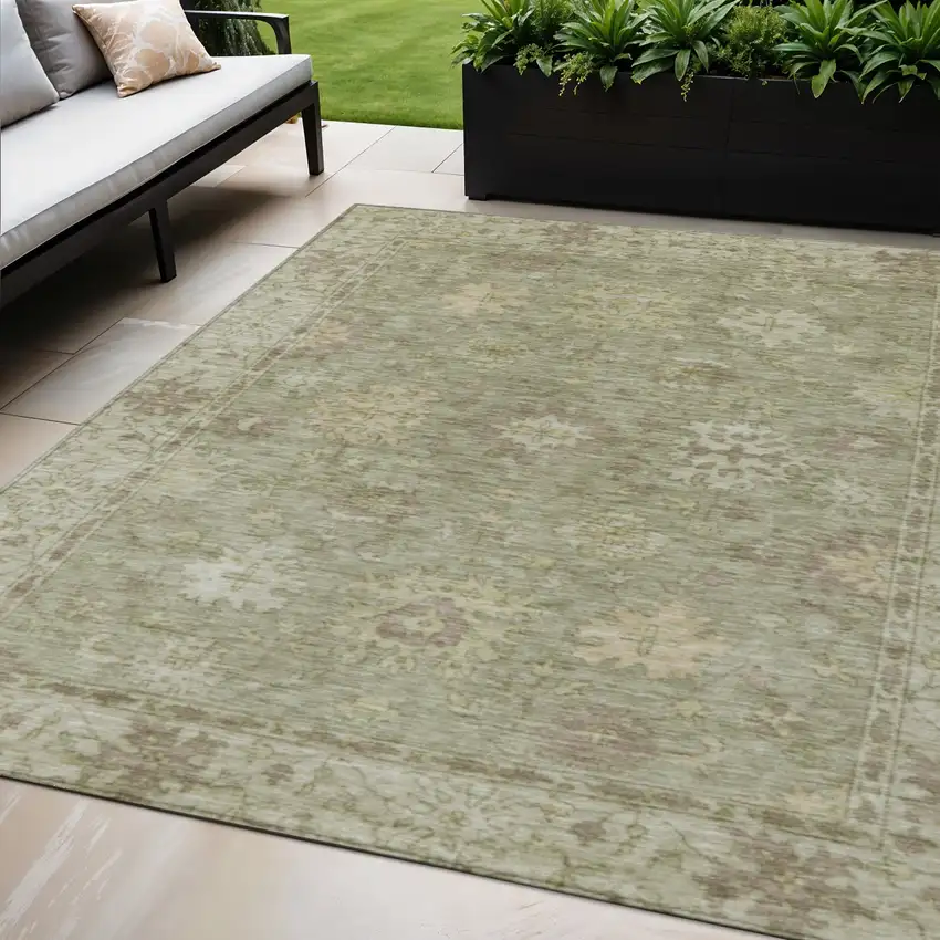 Sage And Beige Floral Washable Indoor Outdoor Area Rug Photo 2