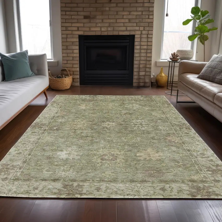 Sage And Beige Floral Washable Indoor Outdoor Area Rug Photo 8