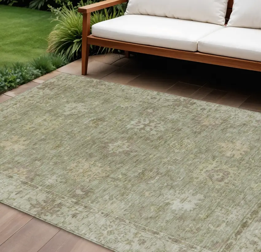 Sage And Beige Floral Washable Indoor Outdoor Area Rug Photo 2