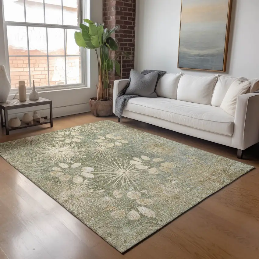 Sage And Beige Floral Washable Indoor Outdoor Area Rug Photo 9