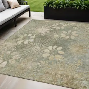 Photo of Sage And Beige Floral Washable Indoor Outdoor Area Rug