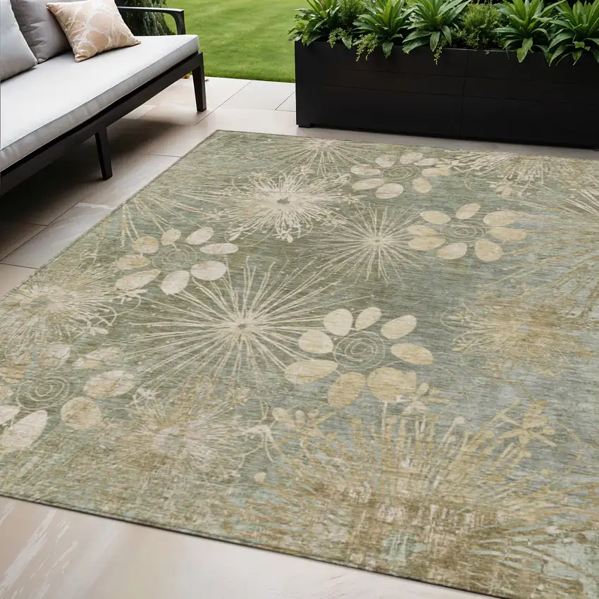 Sage And Beige Floral Washable Indoor Outdoor Area Rug Photo 1