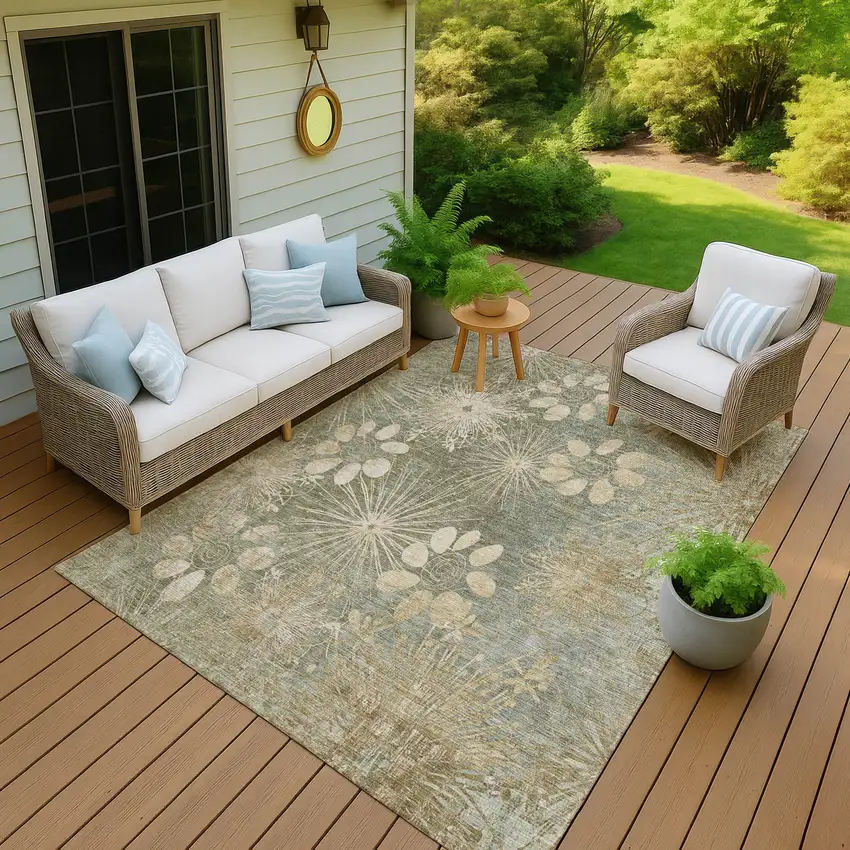 Sage And Beige Floral Washable Indoor Outdoor Area Rug Photo 8