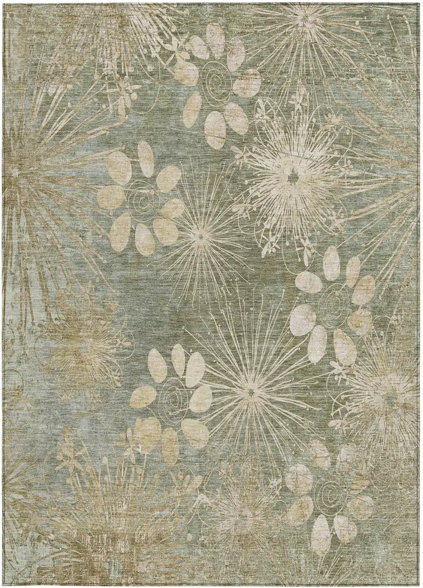 Sage And Beige Floral Washable Indoor Outdoor Area Rug Photo 4