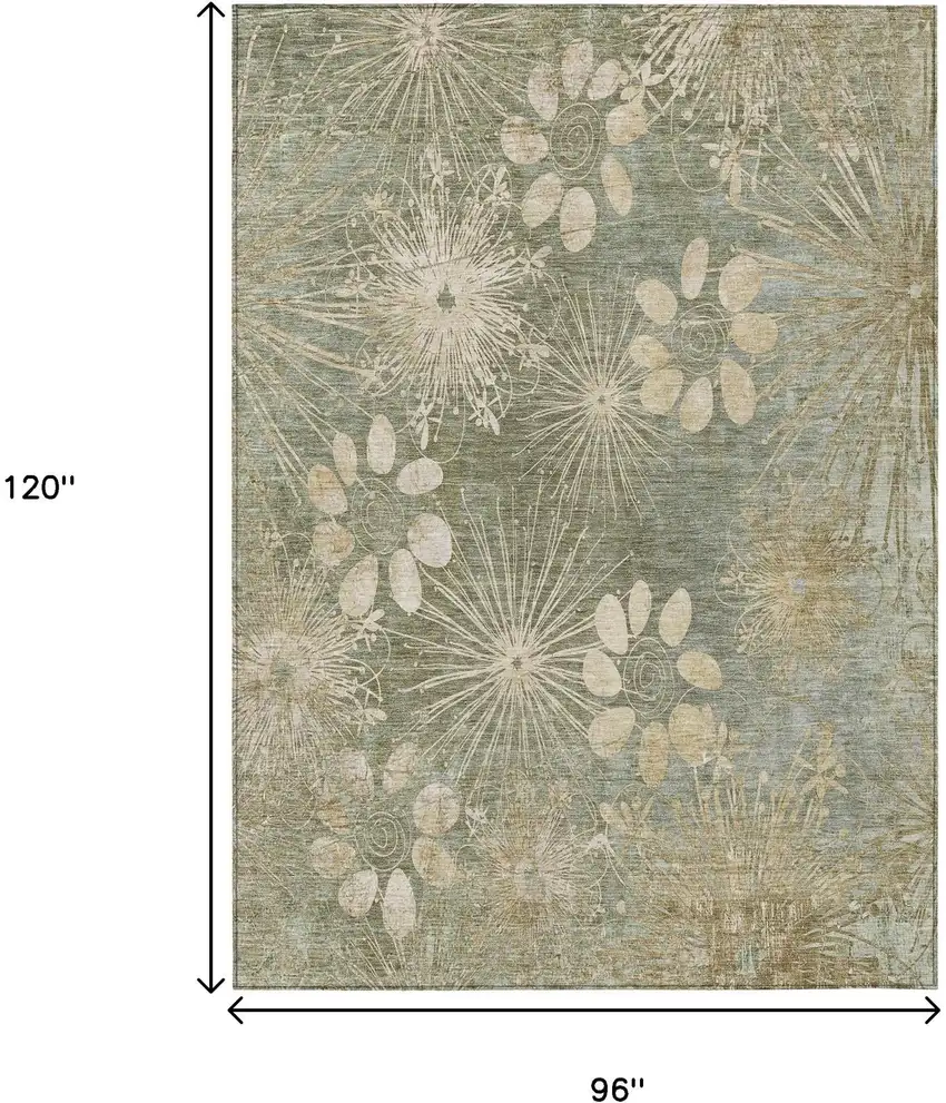 Sage And Beige Floral Washable Indoor Outdoor Area Rug Photo 3