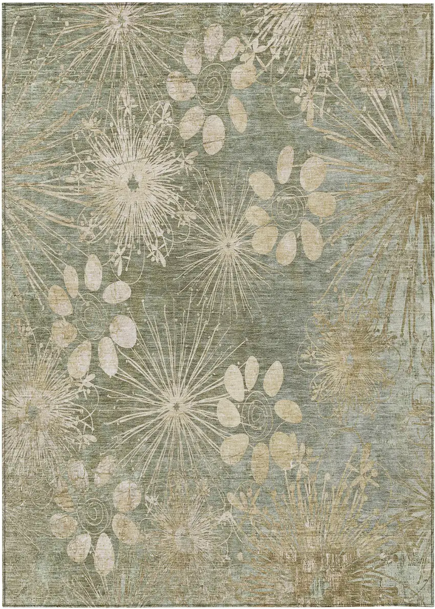 Sage And Beige Floral Washable Indoor Outdoor Area Rug Photo 2