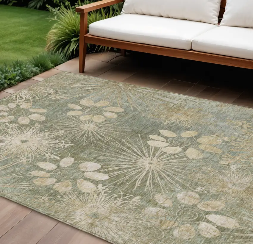Sage And Beige Floral Washable Indoor Outdoor Area Rug Photo 1