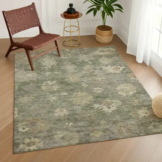 Sage And Beige Floral Washable Indoor Outdoor Area Rug Photo 8