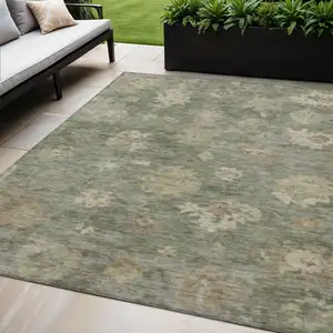 Photo of Sage And Beige Floral Washable Indoor Outdoor Area Rug