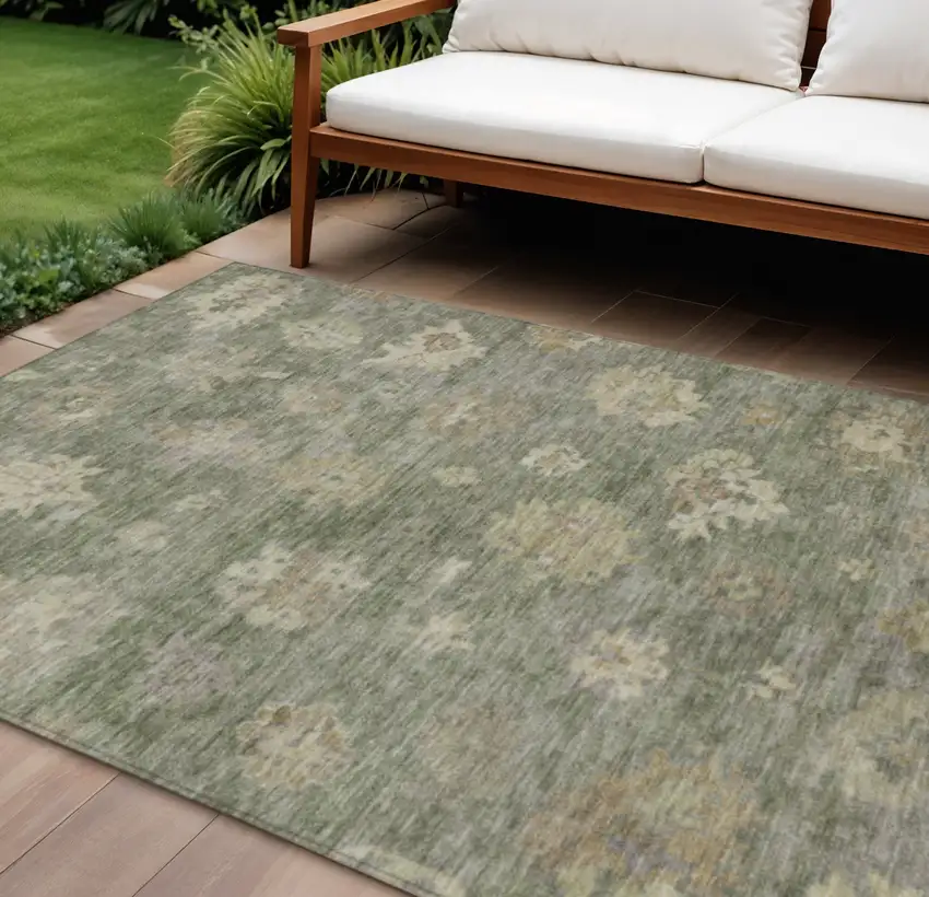 Sage And Beige Floral Washable Indoor Outdoor Area Rug Photo 1