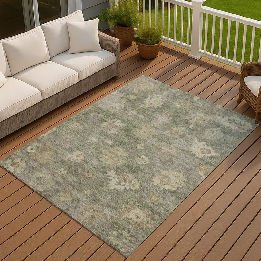 Sage And Beige Floral Washable Indoor Outdoor Area Rug Photo 7
