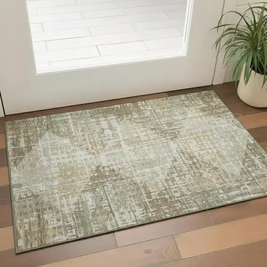 Sage And Beige Geometric Washable Area Rug With UV Protection Photo 2