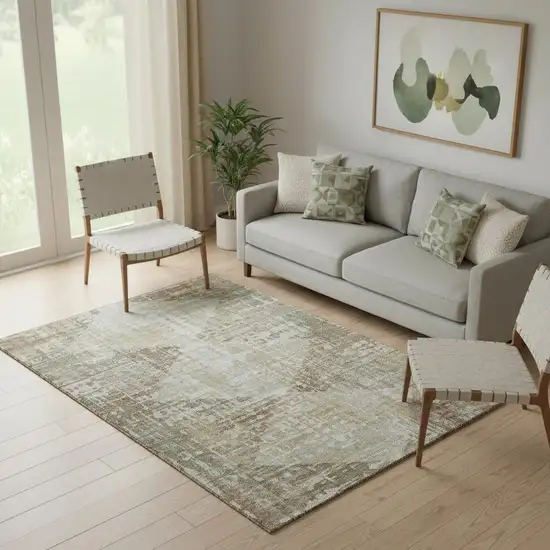 Sage And Beige Geometric Washable Area Rug With UV Protection Photo 2