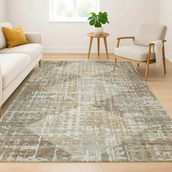 Sage And Beige Geometric Washable Area Rug With UV Protection Photo 6