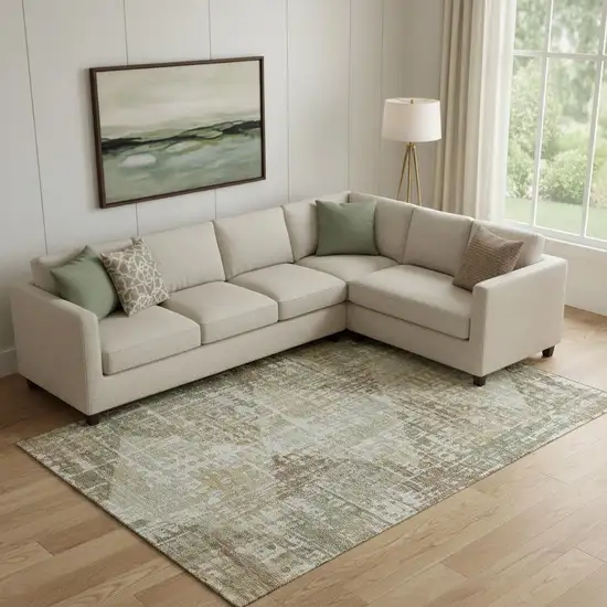 Sage And Beige Geometric Washable Area Rug With UV Protection Photo 2