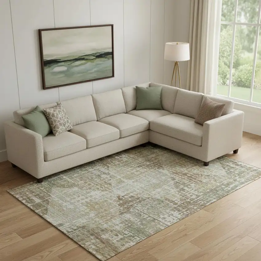 Sage And Beige Geometric Washable Area Rug With UV Protection Photo 2