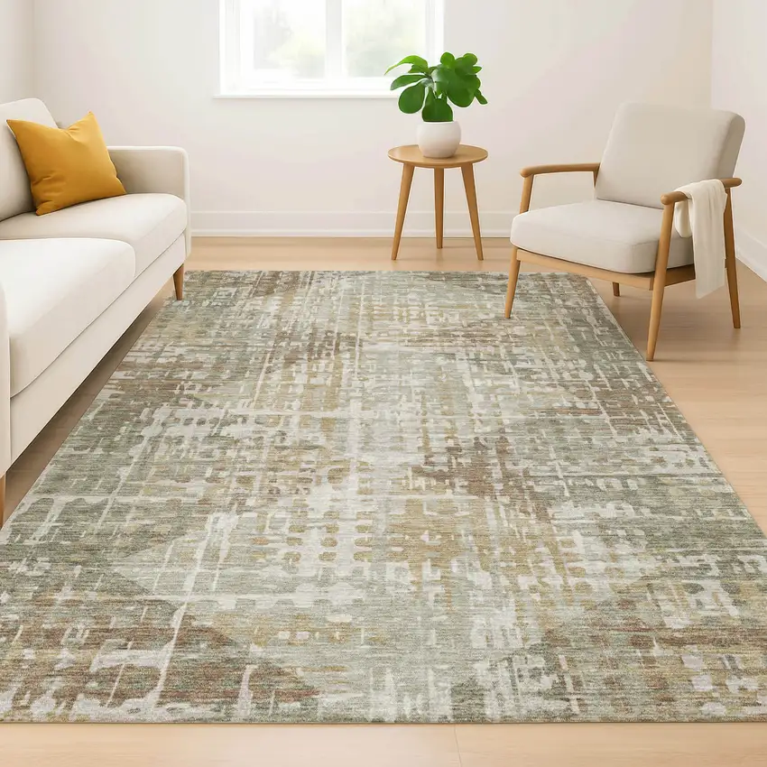 Sage And Beige Geometric Washable Area Rug With UV Protection Photo 6