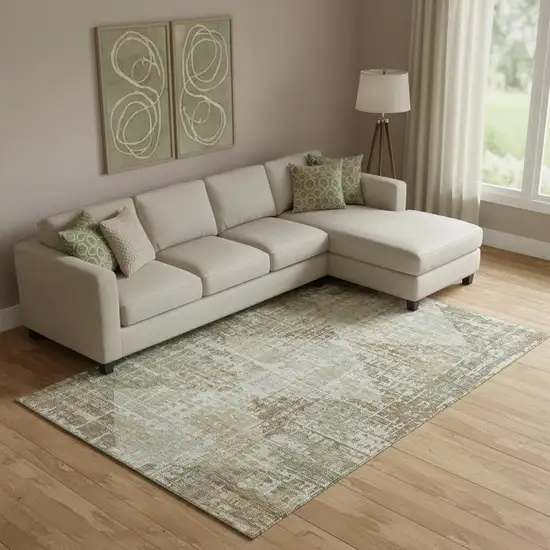 Sage And Beige Geometric Washable Area Rug With UV Protection Photo 2