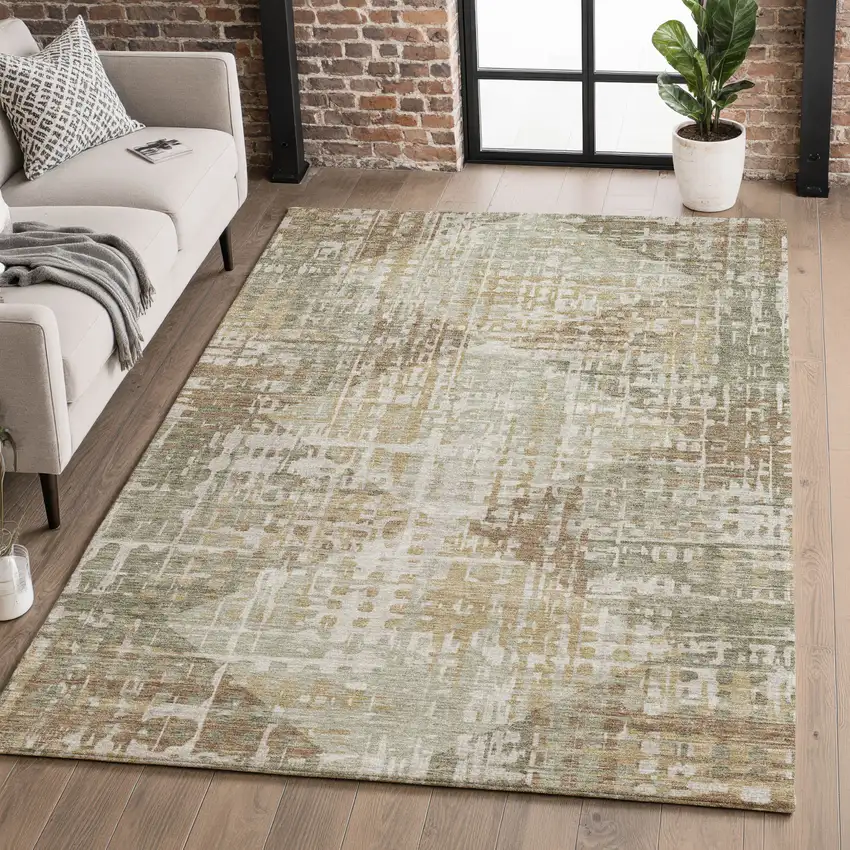 Sage And Beige Geometric Washable Area Rug With UV Protection Photo 5