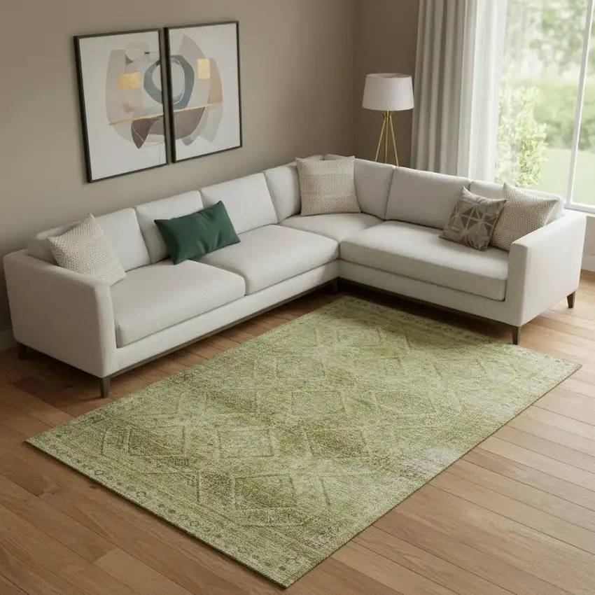 Sage And Beige Geometric Washable Area Rug With UV Protection Photo 2