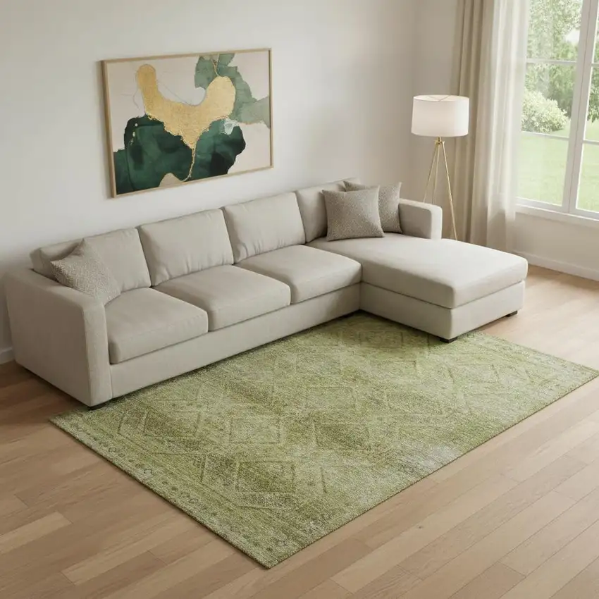 Sage And Beige Geometric Washable Area Rug With UV Protection Photo 2