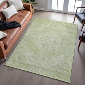 Photo of Sage And Beige Medallion Washable Area Rug With UV Protection