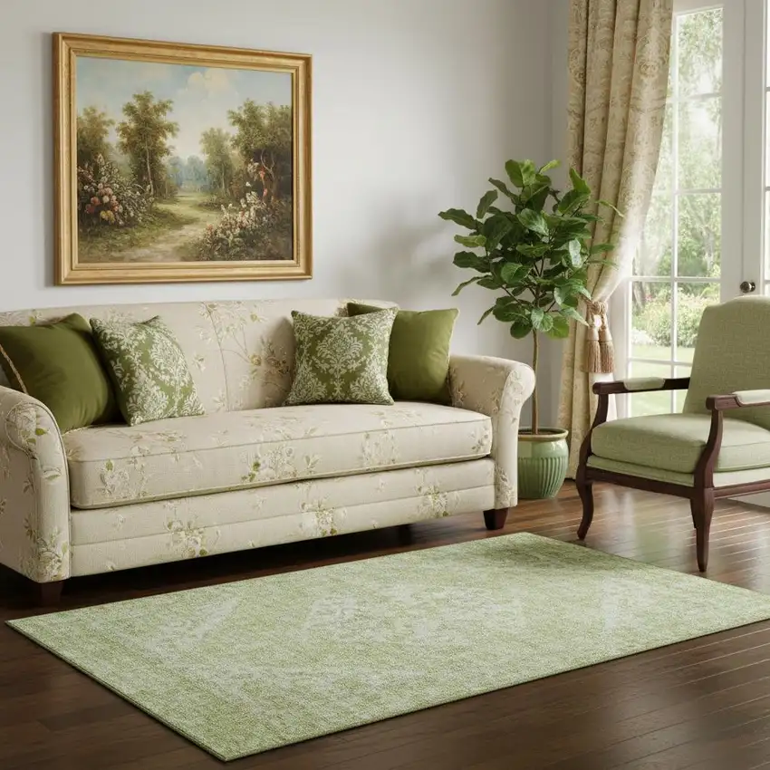 Sage And Beige Medallion Washable Area Rug With UV Protection Photo 2