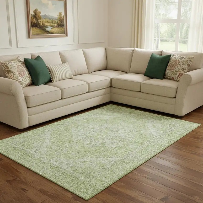 Sage And Beige Medallion Washable Area Rug With UV Protection Photo 2