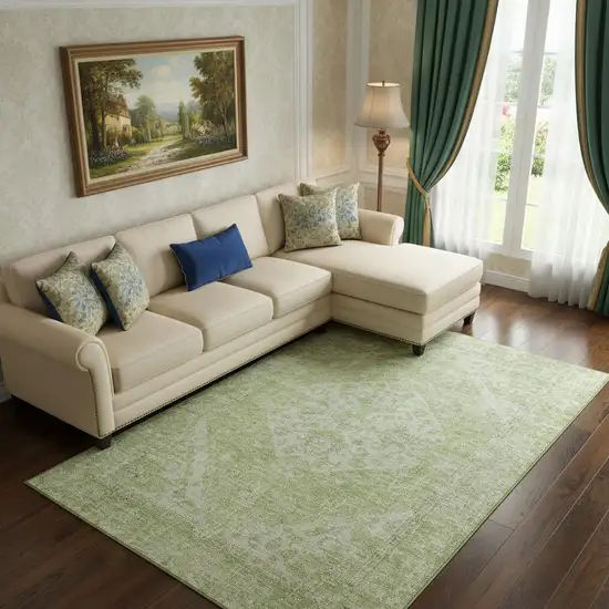 Sage And Beige Medallion Washable Area Rug With UV Protection Photo 2