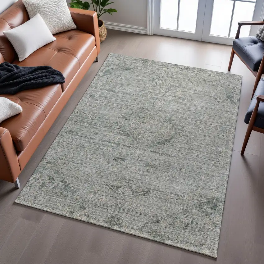 Sage And Beige Medallion Washable Area Rug With UV Protection Photo 3
