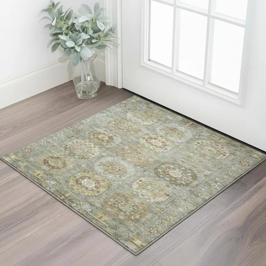 Sage And Beige Medallion Washable Area Rug With UV Protection Photo 2