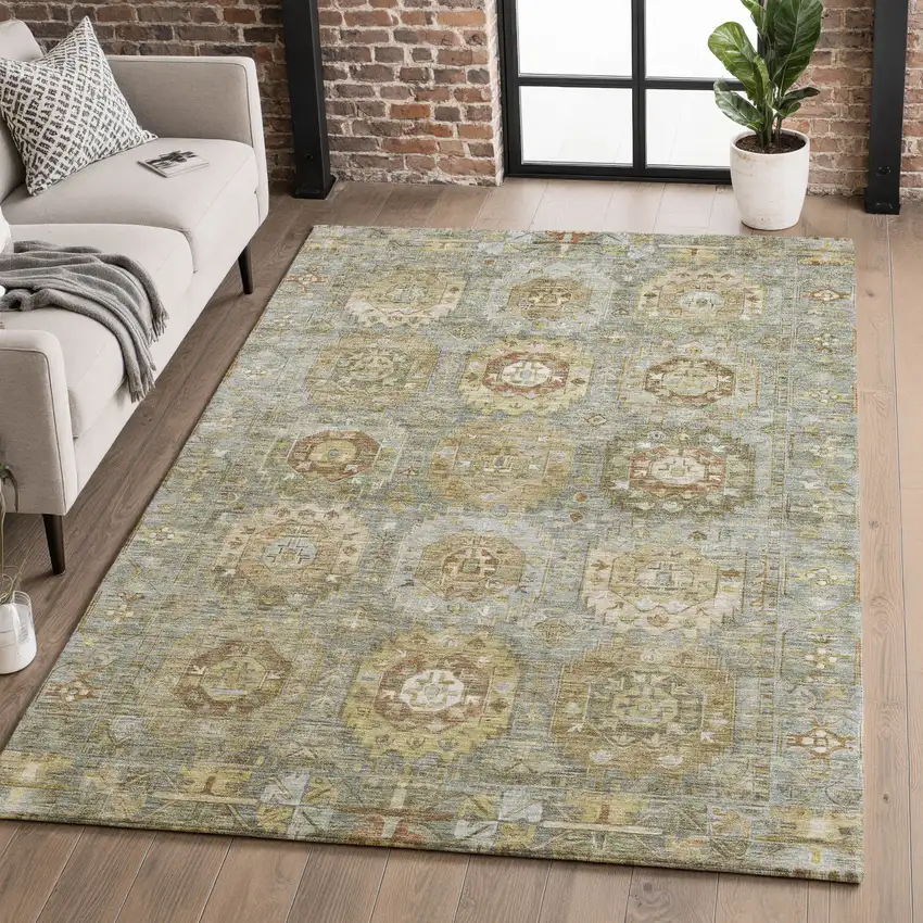 Sage And Beige Medallion Washable Area Rug With UV Protection Photo 5