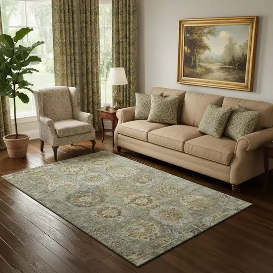 Sage And Beige Medallion Washable Area Rug With UV Protection Photo 2