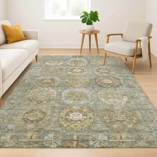 Sage And Beige Medallion Washable Area Rug With UV Protection Photo 6