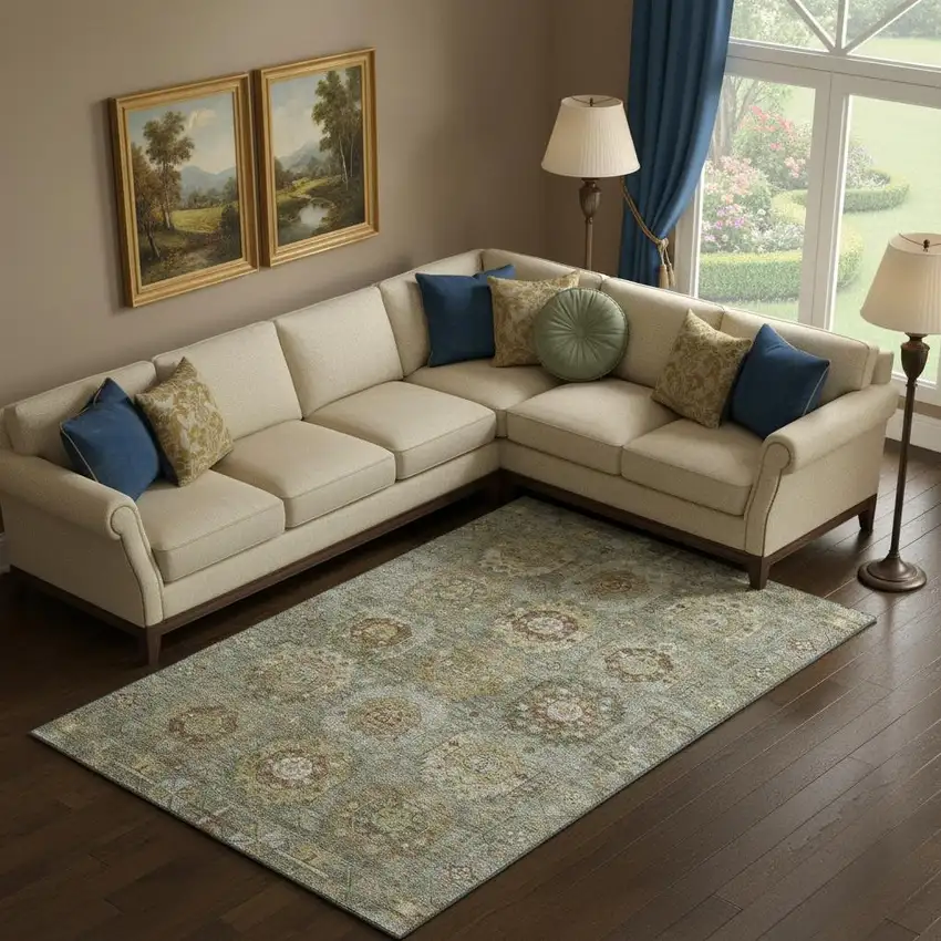 Sage And Beige Medallion Washable Area Rug With UV Protection Photo 2