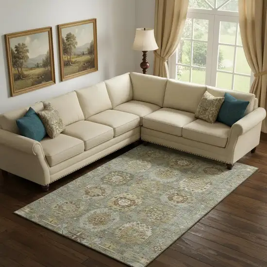 Sage And Beige Medallion Washable Area Rug With UV Protection Photo 2