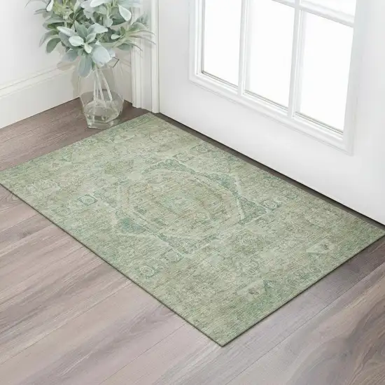 Sage And Beige Oriental Washable Area Rug With UV Protection Photo 2