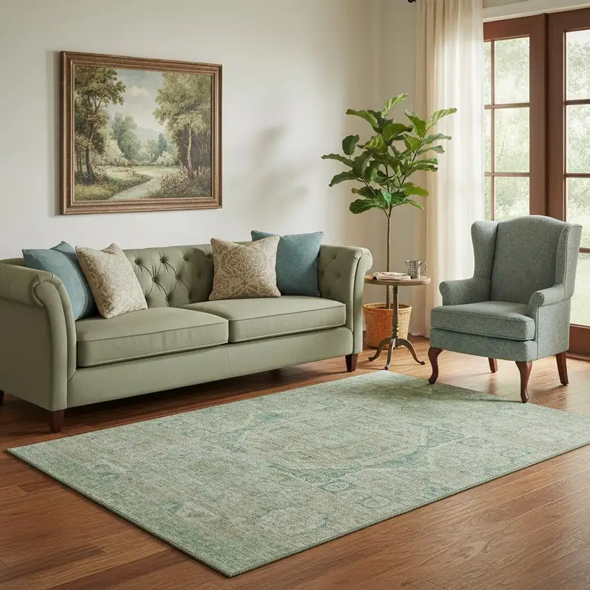 Sage And Beige Oriental Washable Area Rug With UV Protection Photo 2