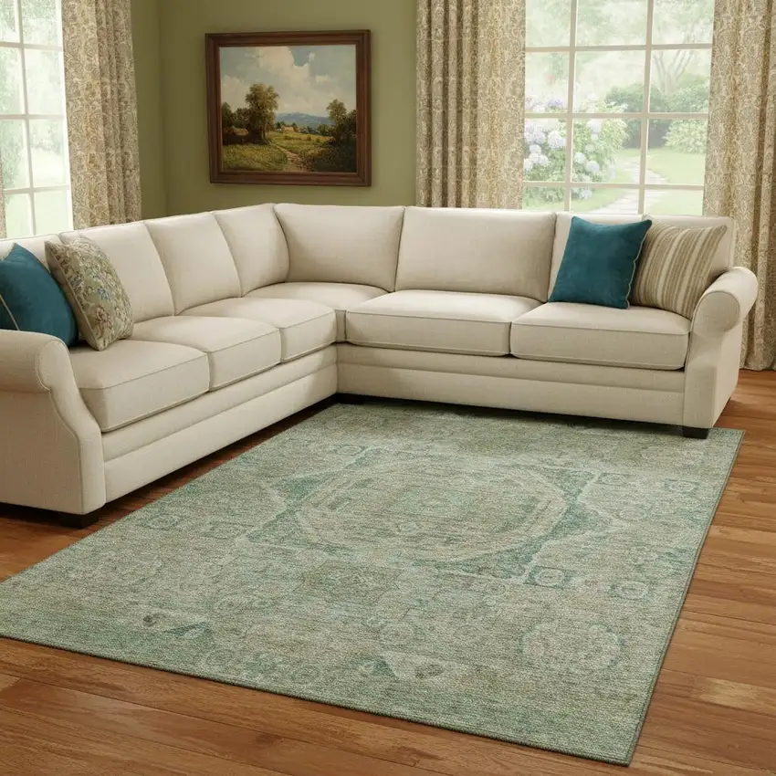 Sage And Beige Oriental Washable Area Rug With UV Protection Photo 2